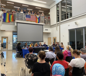 Many community members and students showed up to the school board meeting Tuesday night to protest the district policy banning pride progress and black lives matter flags. 